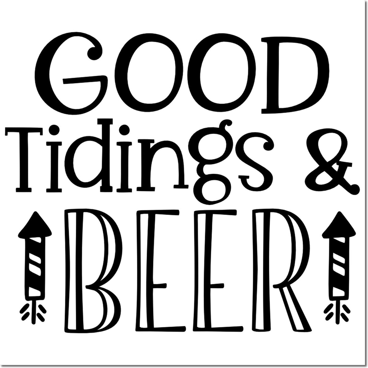 Good Tidings & Beer rubber stamp design with decorative lettering and beer tap icons for party, pub, or brewery use.