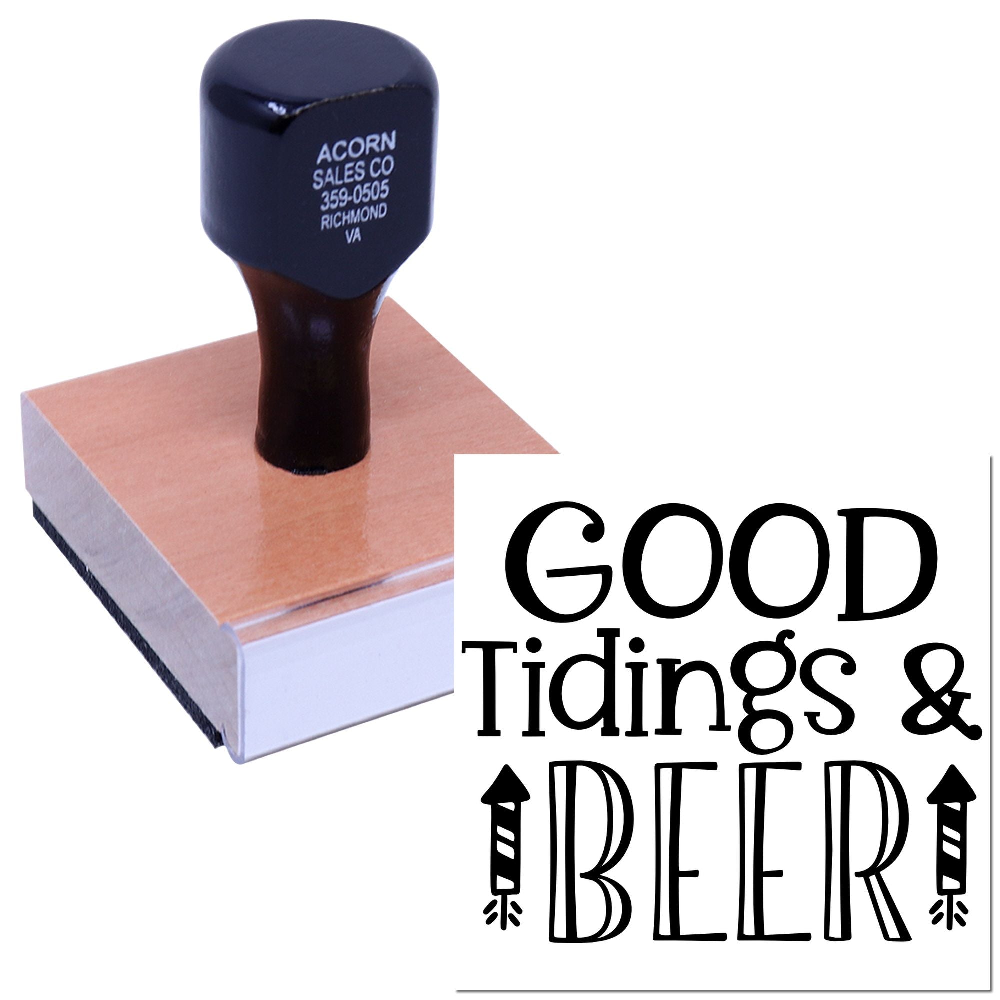 Custom rubber stamp for holiday cards featuring Good Tidings & Beer design on a mounted stamp block.
