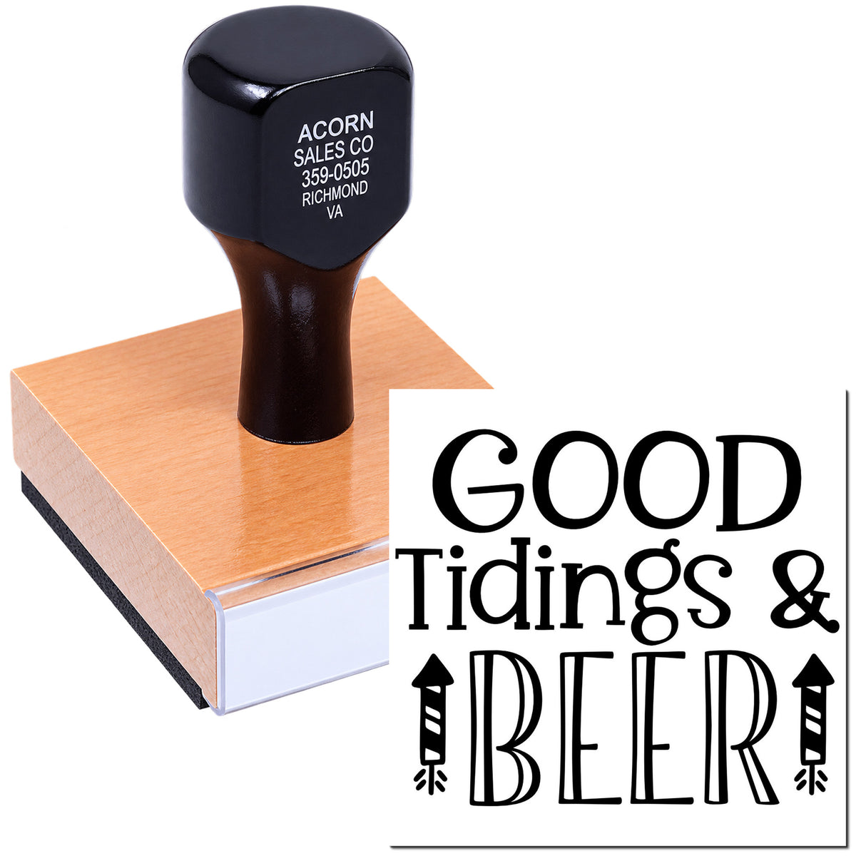Custom rubber stamp for holiday cards featuring Good Tidings & Beer design on a mounted stamp block.