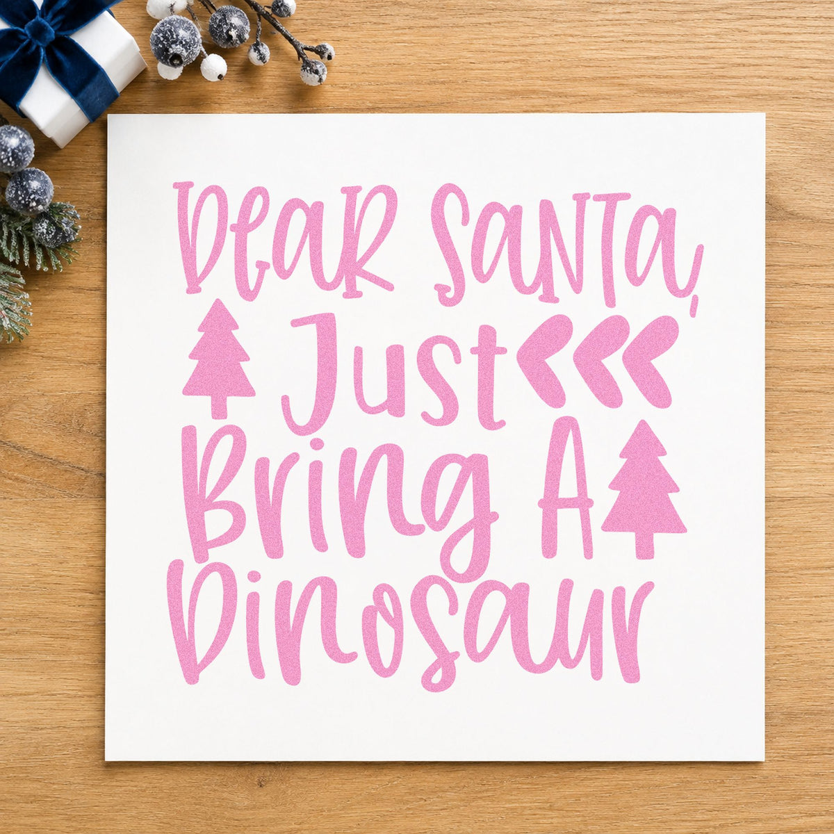 Dear Santa Bring Dinosaur craft stamp in purple ink on cardstock, an easy option for dino album page.