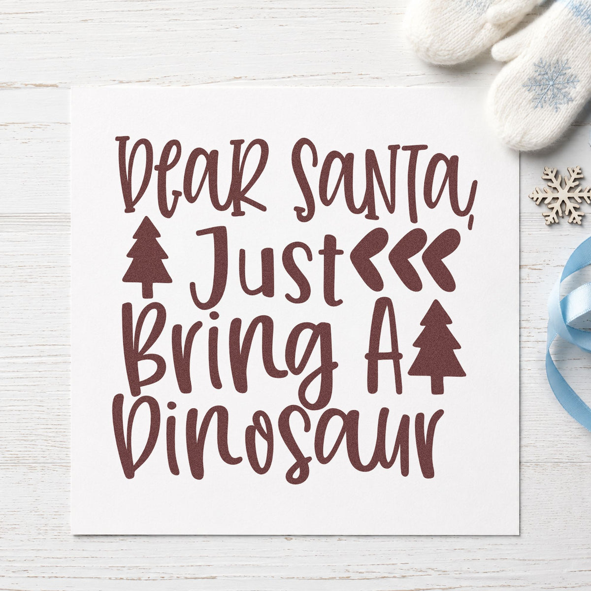 Dear Santa Bring Dinosaur rubber stamp printed in brown ink, ready for wish letter sheet and similar paper crafts.