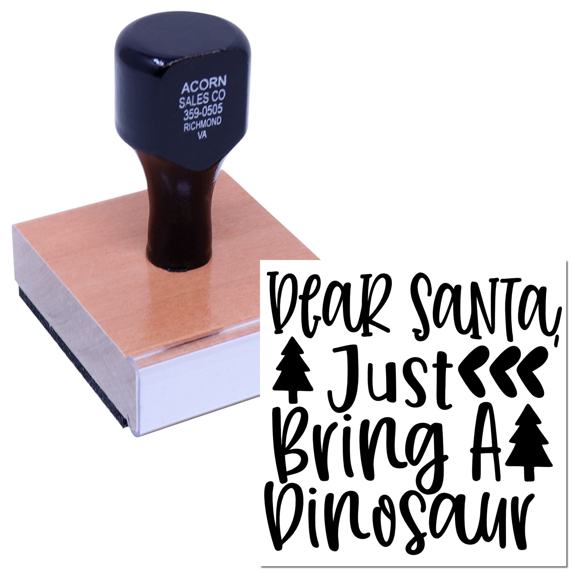Custom rubber stamp with Dear Santa, just bring a dinosaur message for kids Christmas wish lists.