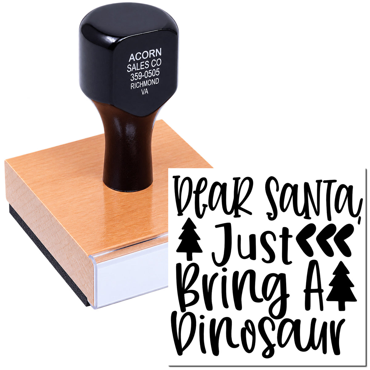 Custom rubber stamp with Dear Santa, just bring a dinosaur message for kids Christmas wish lists.