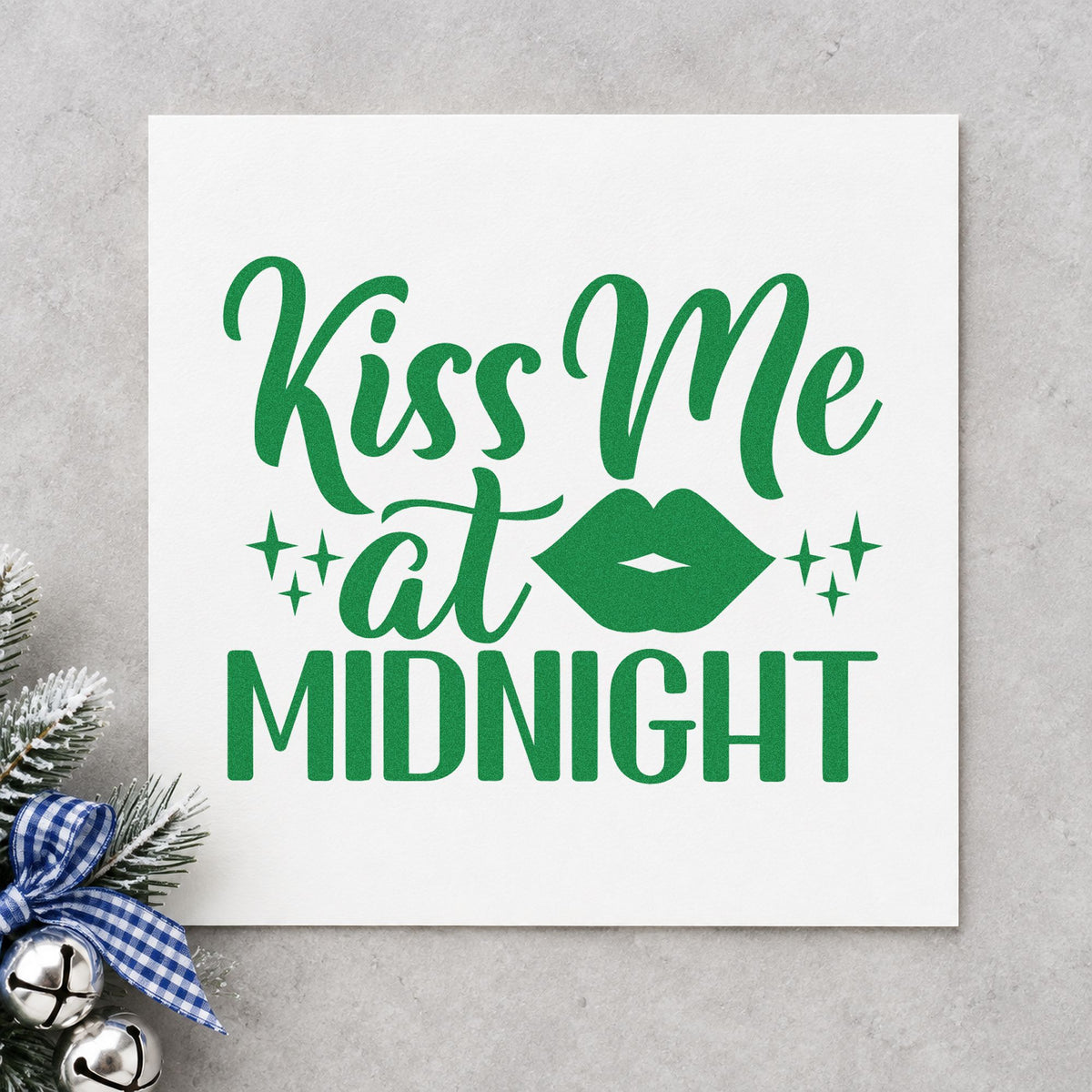 Kiss Me At Midnight craft stamp imprint in green ink on a handmade project, one idea being lipstick gift tags.