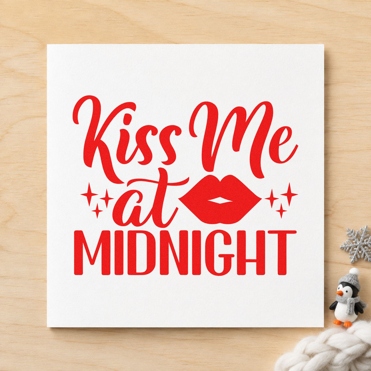 Kiss Me At Midnight craft stamp in red ink on cardstock, an easy option for clutch panel printing.