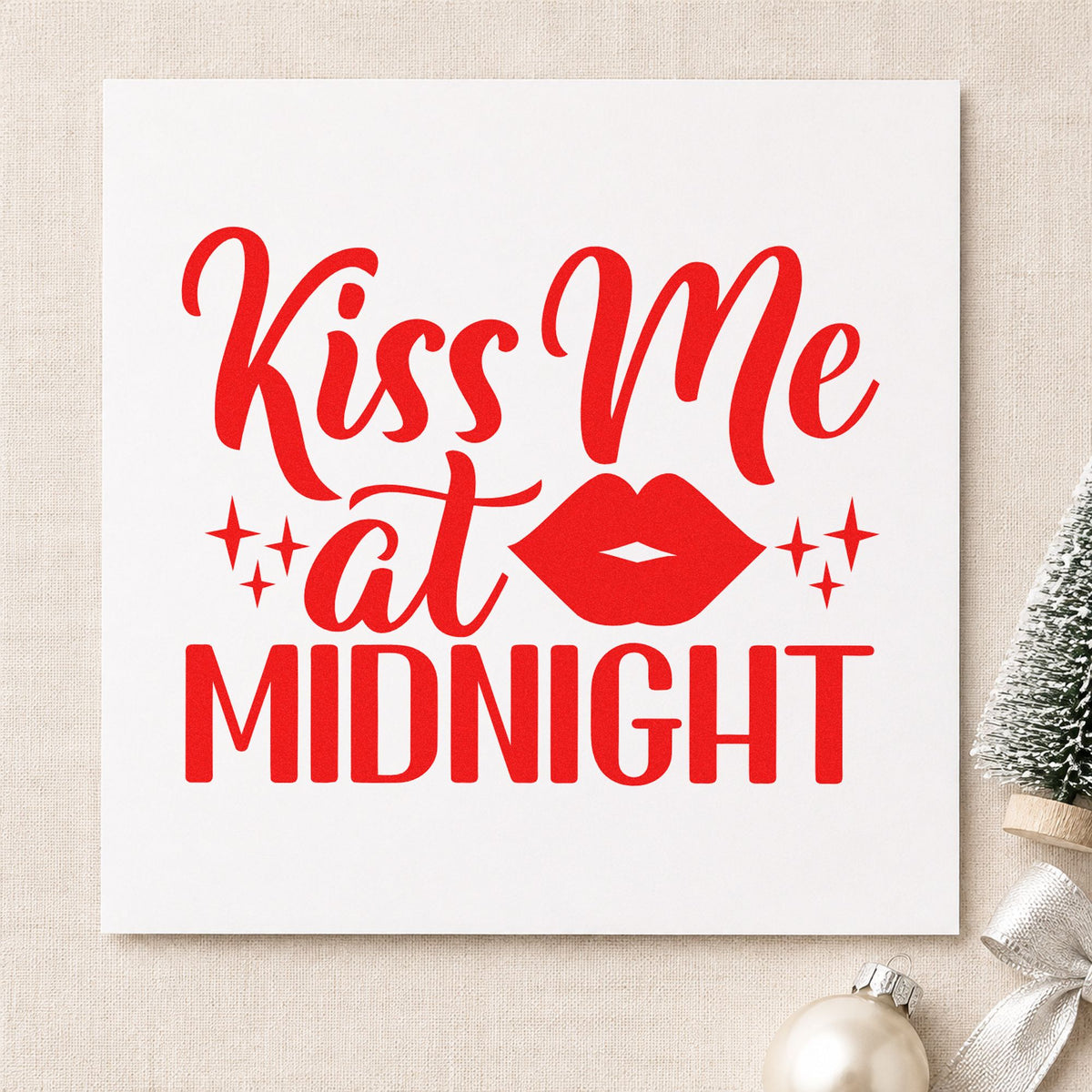 Kiss Me At Midnight rubber stamp shown in red ink, stamped for projects such as champagne flute labels.