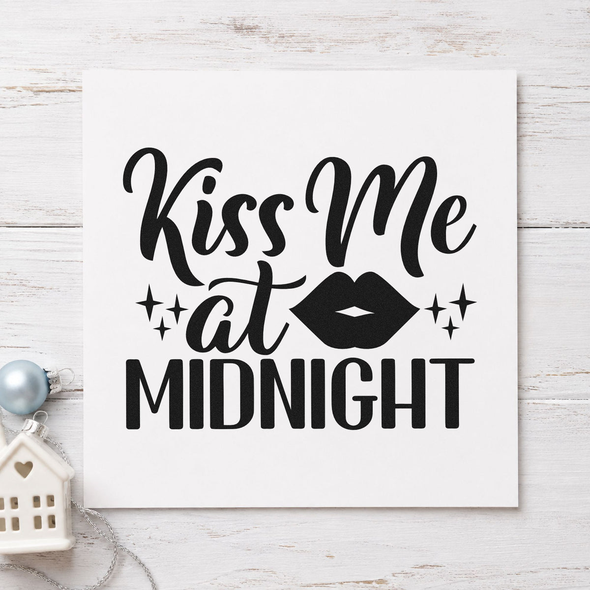 Kiss Me At Midnight rubber stamp printed in black ink, ready for lips and sparkles cards and similar paper crafts.