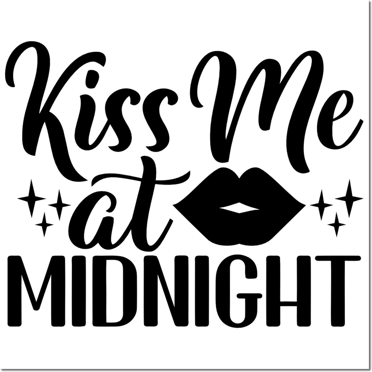Kiss Me at Midnight rubber stamp design with lips and sparkle accents for New Years Eve cards and party crafts.