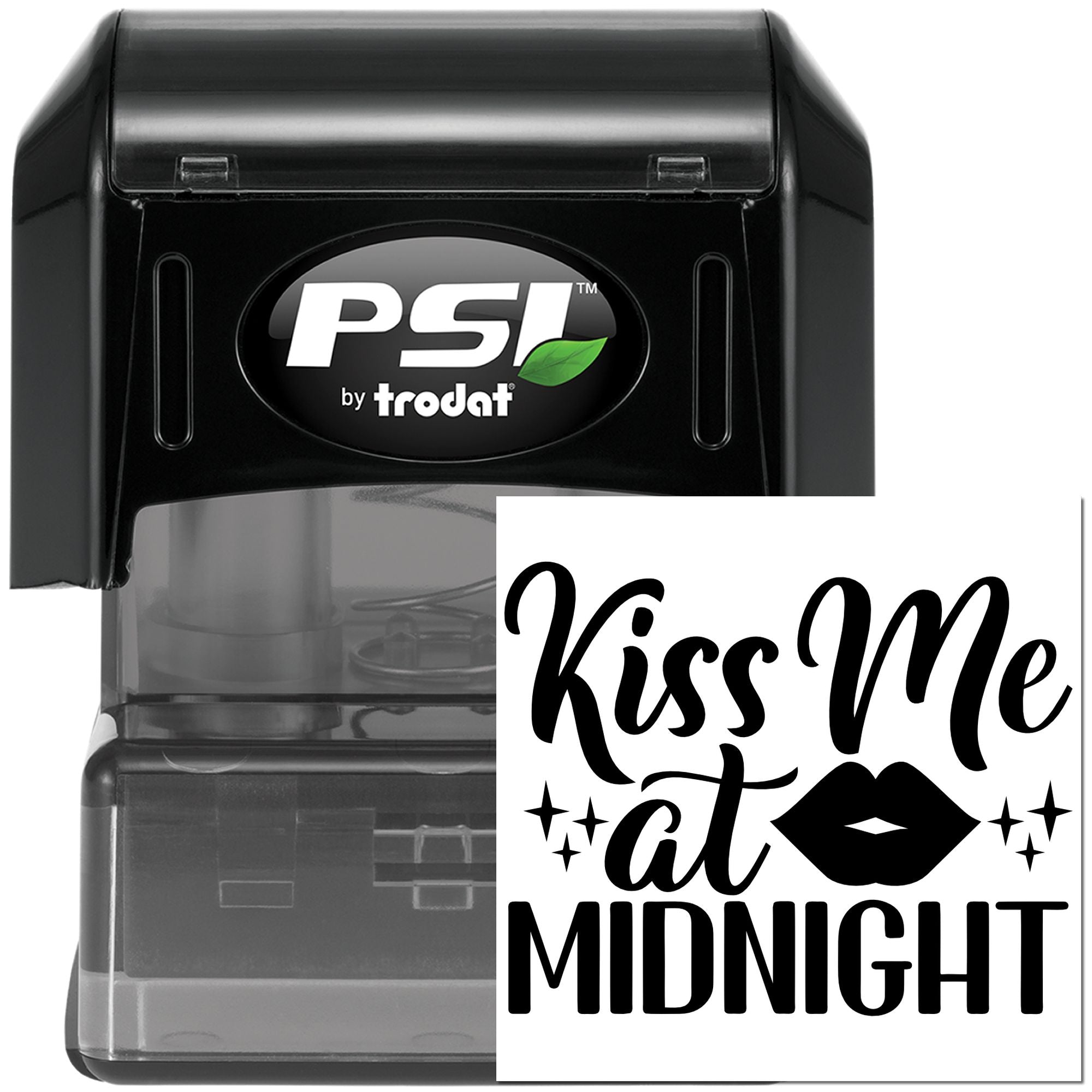 Self-inking rubber stamp with Kiss Me at Midnight design, ideal for New Years party favors and custom stamping.