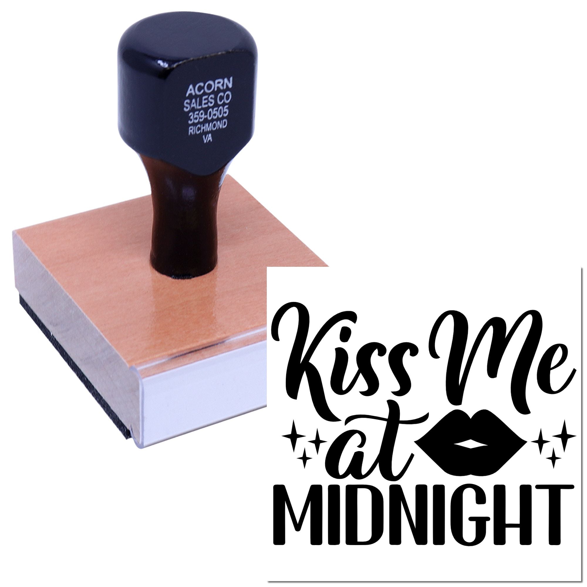 Custom rubber stamp with Kiss Me at Midnight design and lips graphic for romantic New Years party favors.