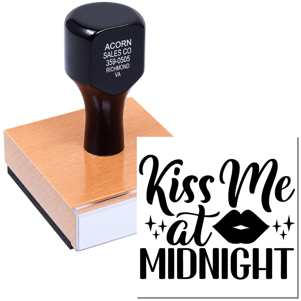 Custom rubber stamp with Kiss Me at Midnight design and lips graphic for romantic New Years party favors.