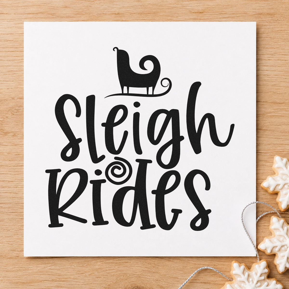 Sleigh Rides Silhouette rubber stamp printed in black ink, ready for sleigh above cards and similar paper crafts.