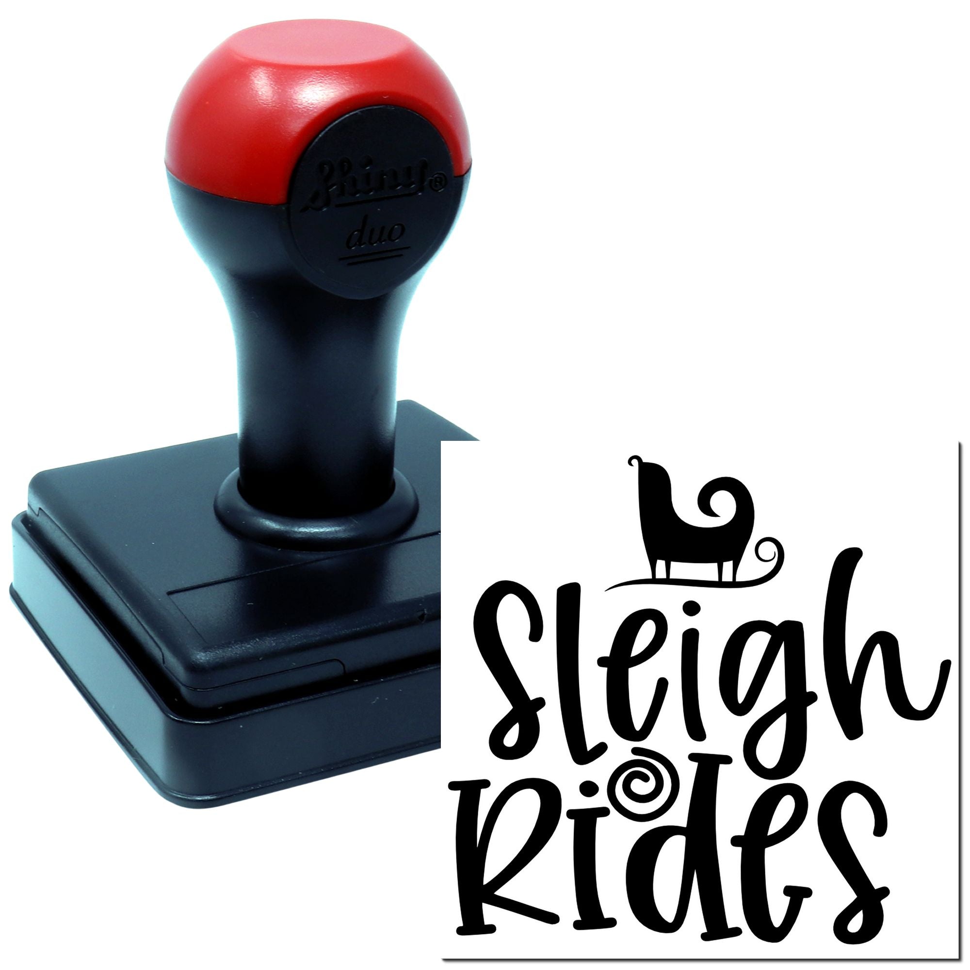 Custom self-inking rubber stamp with Sleigh Rides logo for holiday event branding