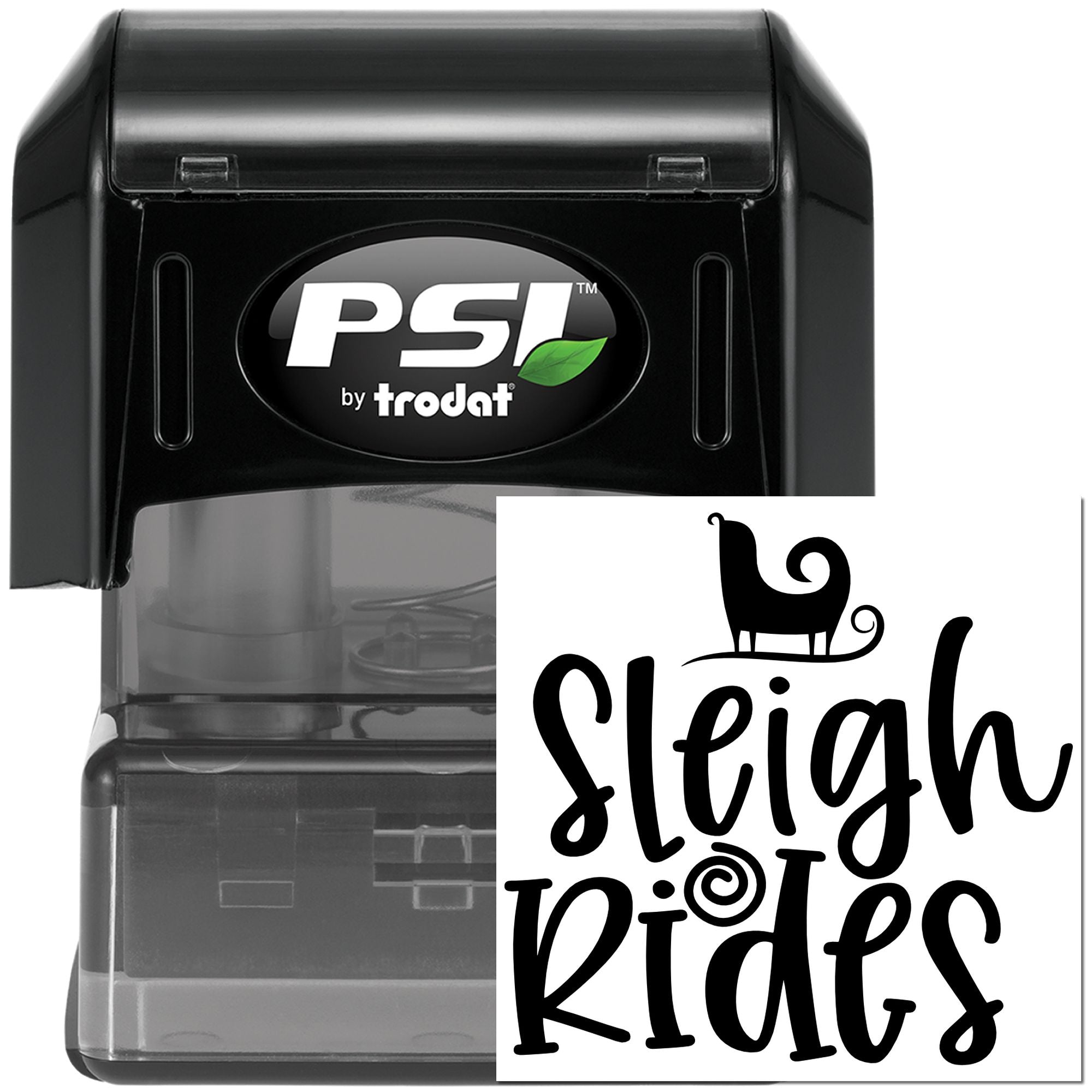PSI by Trodat self-inking rubber stamp with Sleigh Rides holiday design for custom seasonal stamping.
