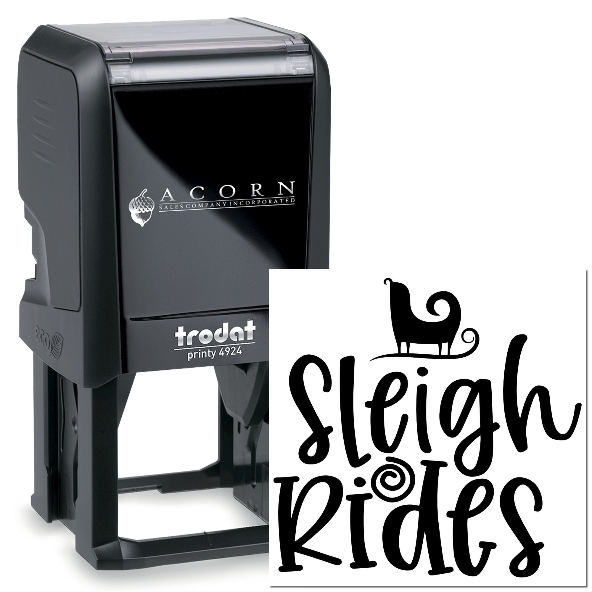 Custom self-inking rubber stamp with Sleigh Rides reindeer design for holiday branding and packaging.