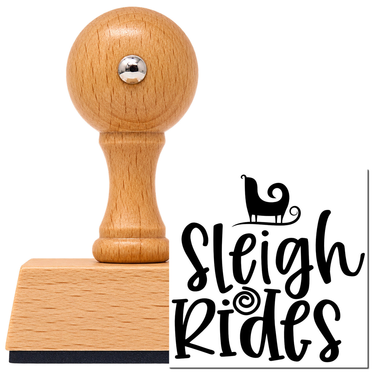 Sleigh Rides Silhouette Vintage Pro rubber stamp in European beech wood with a round knob handle, shown beside its black imprint.