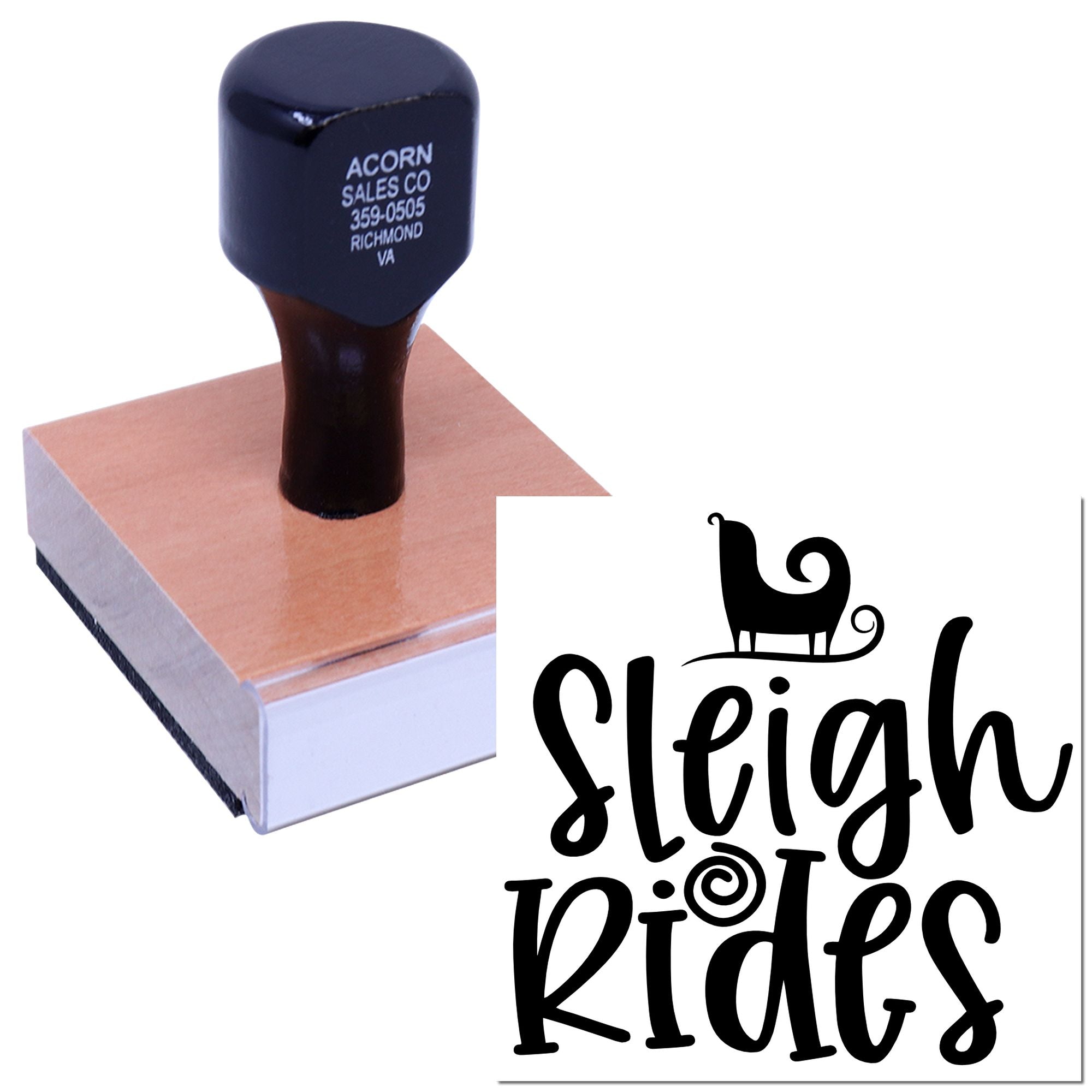 Mounted rubber stamp with custom sleigh rides logo, ideal for business branding, event promotion, and mailings.