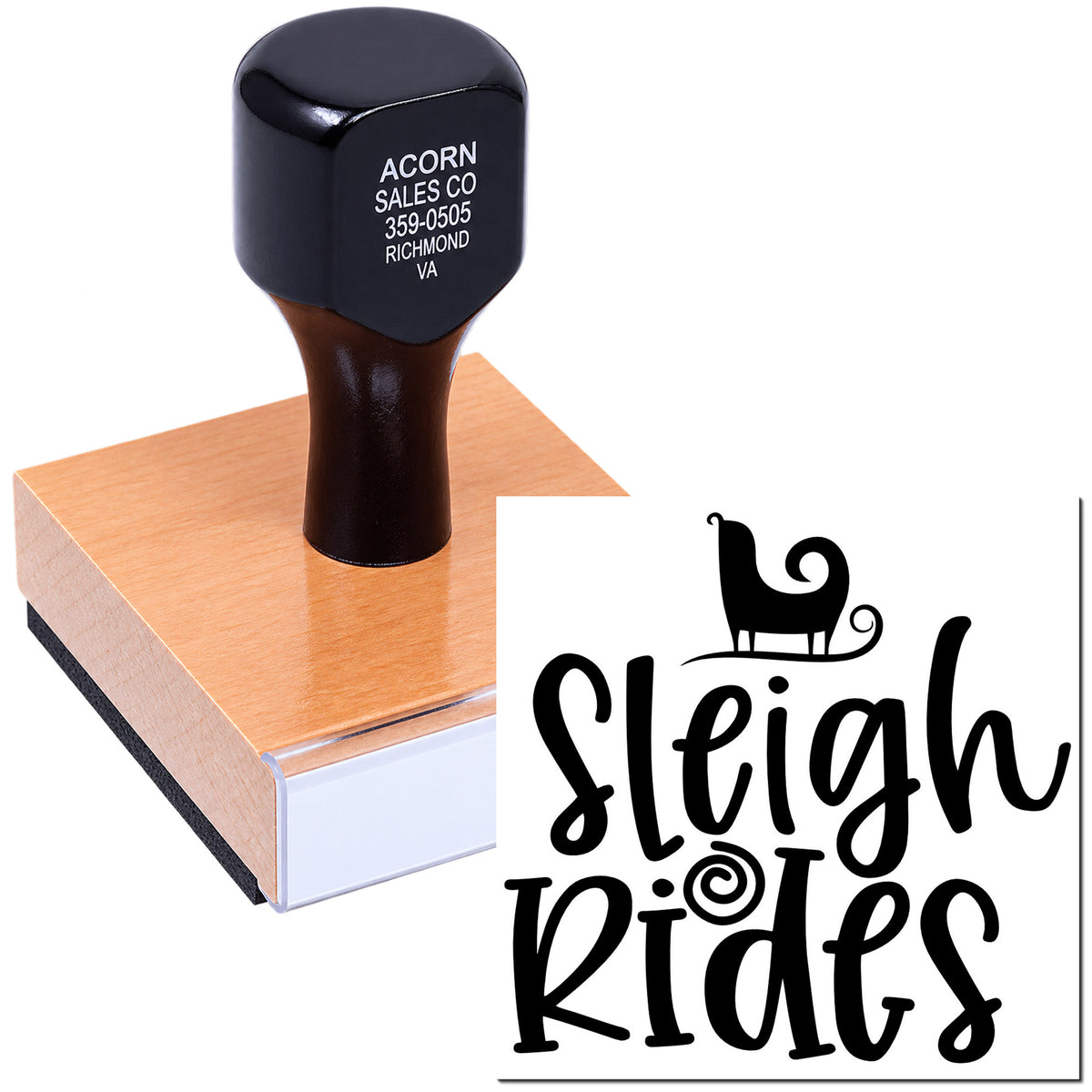 Mounted rubber stamp with custom sleigh rides logo, ideal for business branding, event promotion, and mailings.