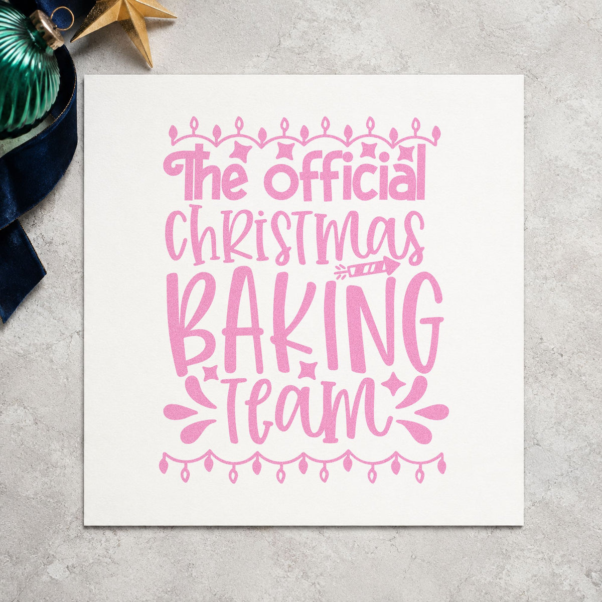 Official Christmas Baking Team craft stamp in purple ink on cardstock, an easy option for team roster album.