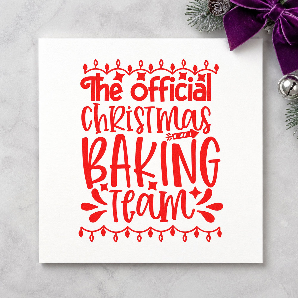 Official Christmas Baking Team rubber stamp shown in red ink, stamped for projects such as equipment bin labels.