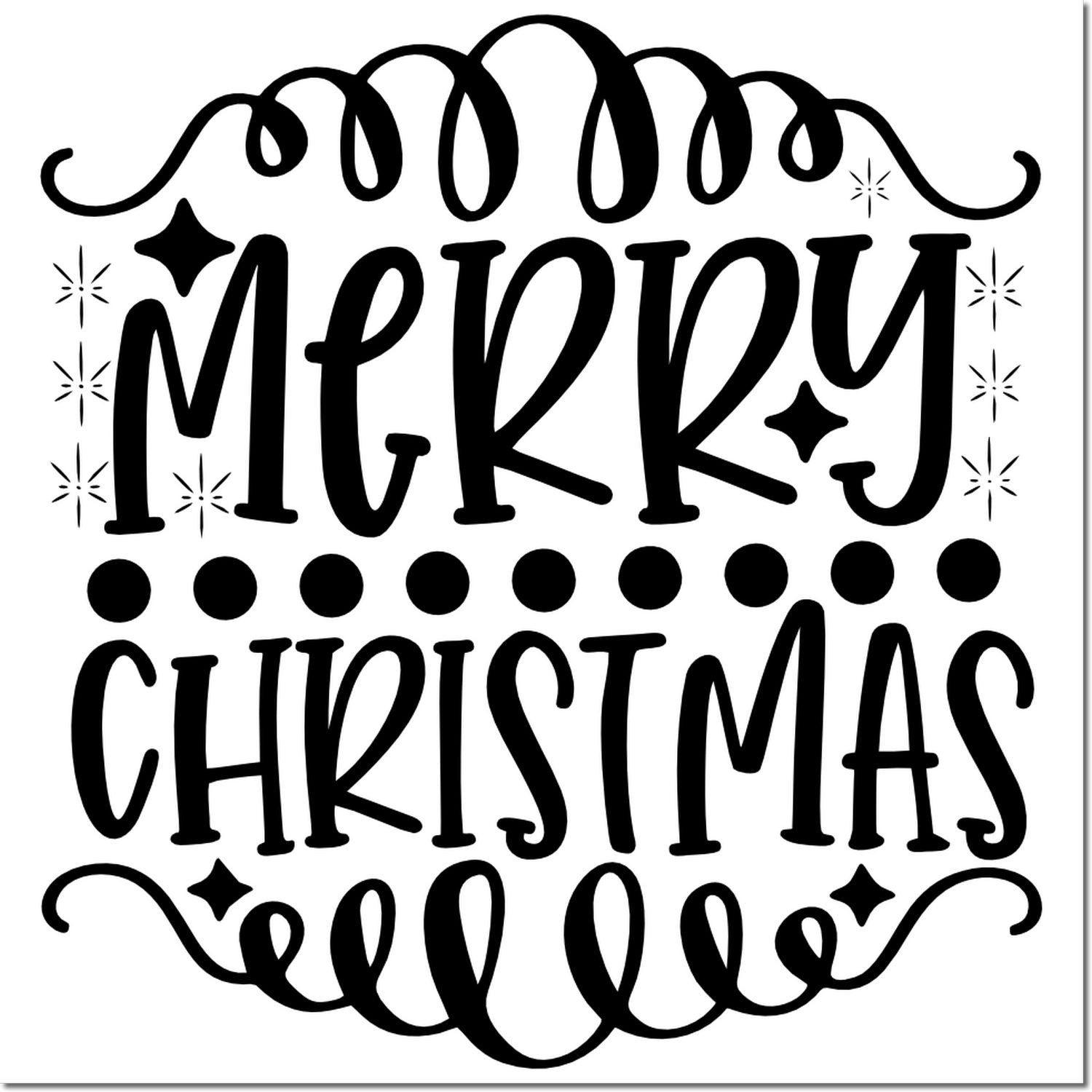 Decorative Merry Christmas rubber stamp design with swirls, stars, and bold festive lettering for holiday crafting.