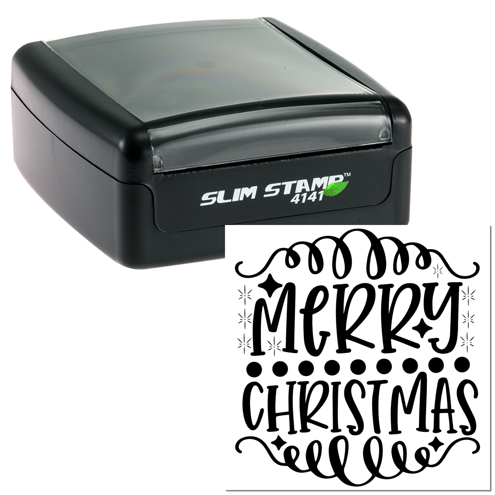 Merry Christmas decorative rubber stamp with slim self-inking stamp case for holiday cards, crafts, and gift packaging.