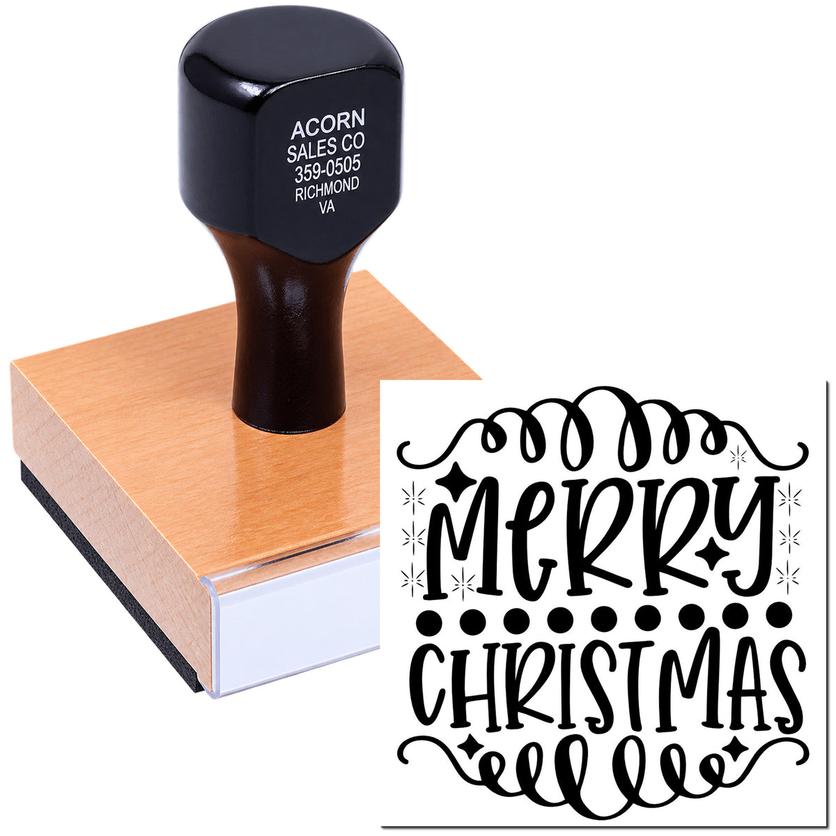 Custom Merry Christmas rubber stamp with decorative holiday script for cards, crafts, and gift packaging