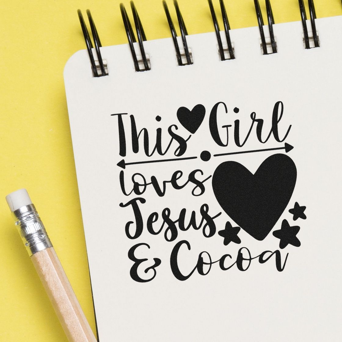 Girl Loves Jesus And Cocoa Stamp - Premium Vintage Pro Wooden imprint stamped in black ink. "This Girl Loves Jesus & Cocoa" appears with hearts, stars, and a horizontal arrow.