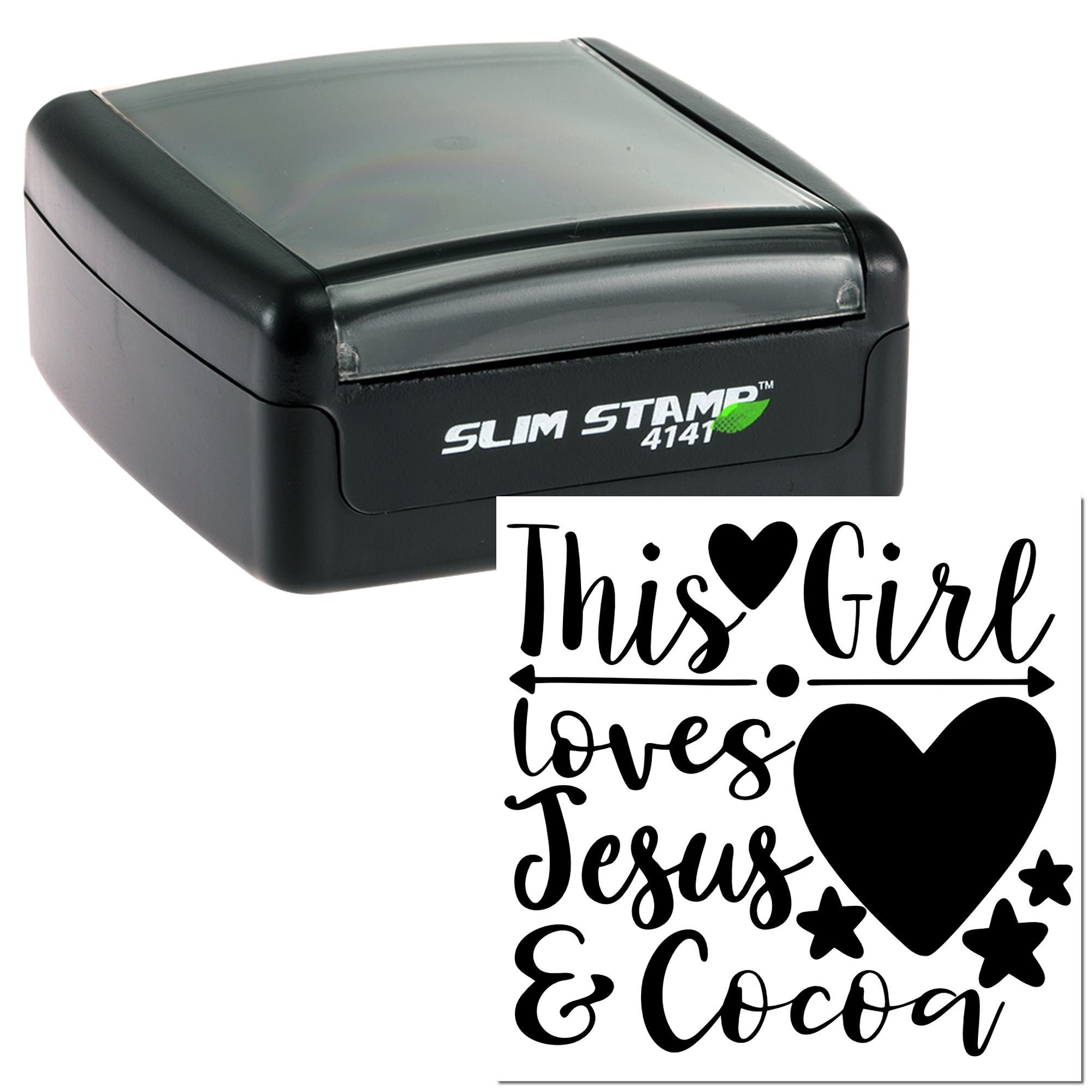 Slim Stamp 4141 self-inking rubber stamp with This Girl Loves Jesus & Cocoa design for faith-based handmade crafts.