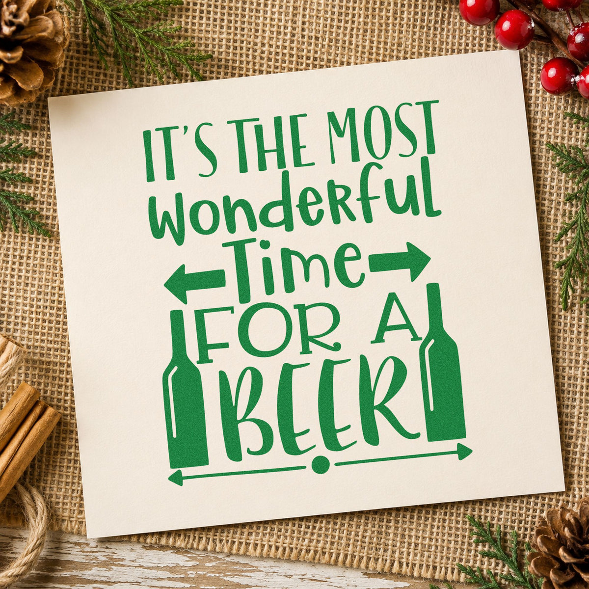 Wonderful Time For Beer craft stamp imprint in green ink on a handmade project, one idea being six pack gift tags.