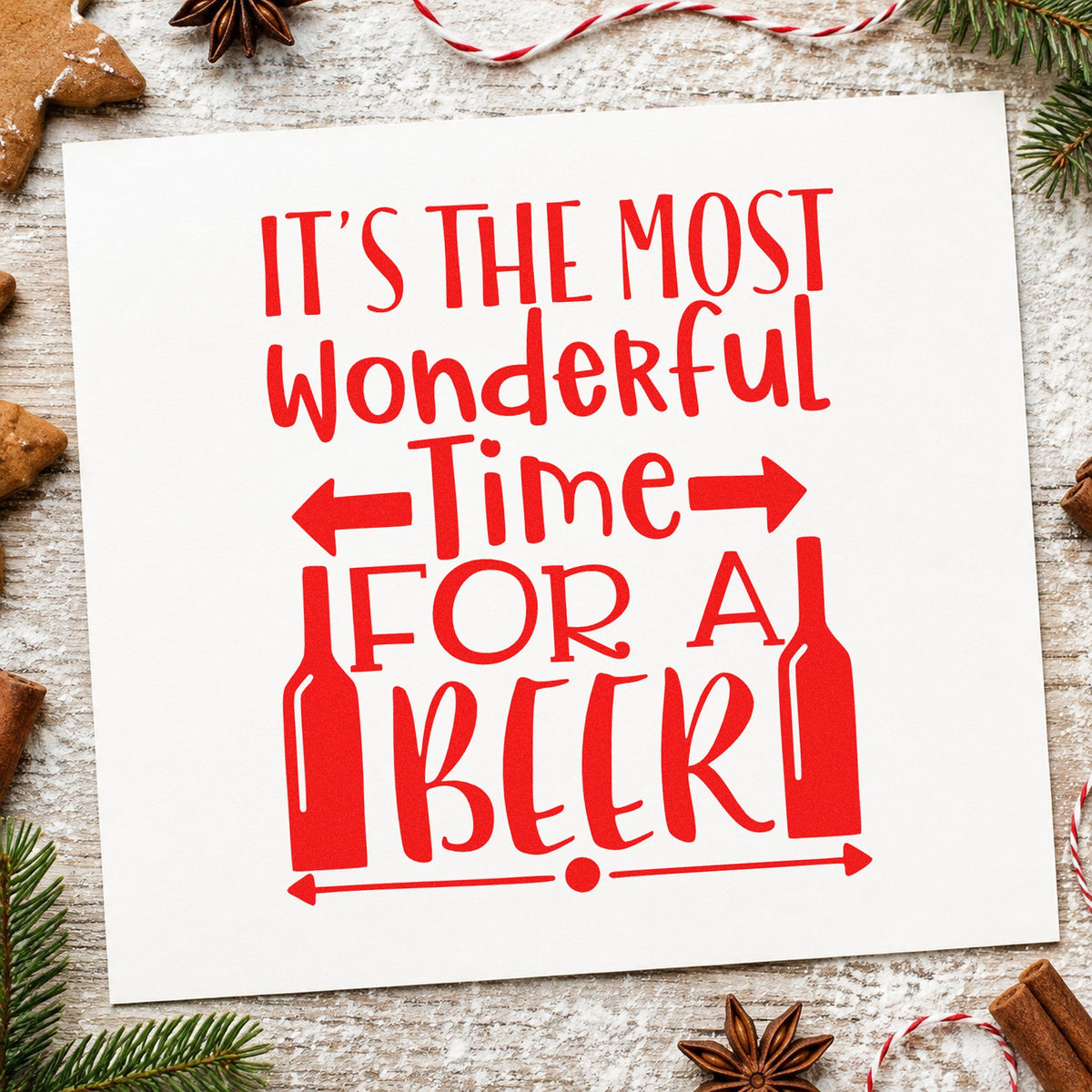 Wonderful Time For Beer craft stamp in red ink on cardstock, an easy option for koozie wrap printing.