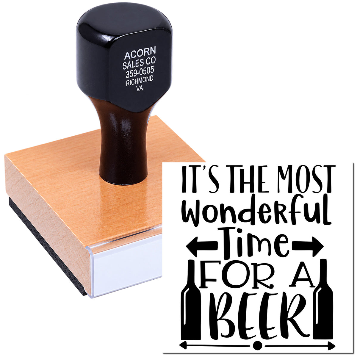 Personalized rubber stamp featuring Its the Most Wonderful Time for a Beer with beer bottle graphics on a wood block.