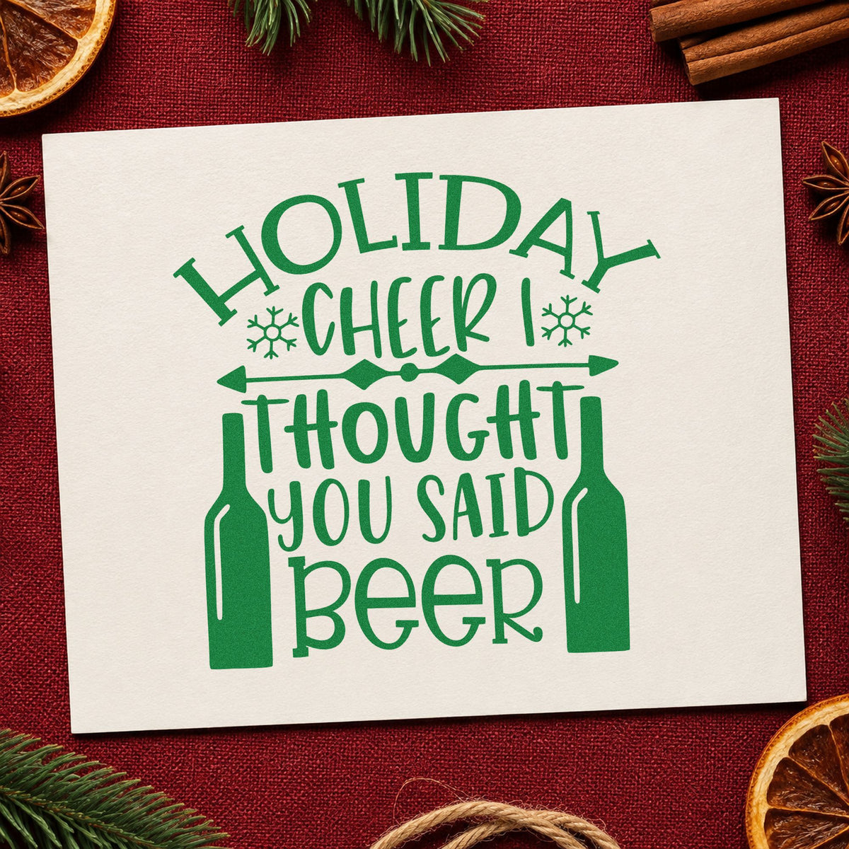 Holiday Cheer You Said Beer craft stamp imprint in green ink on a handmade project, one idea being party trivia cards.