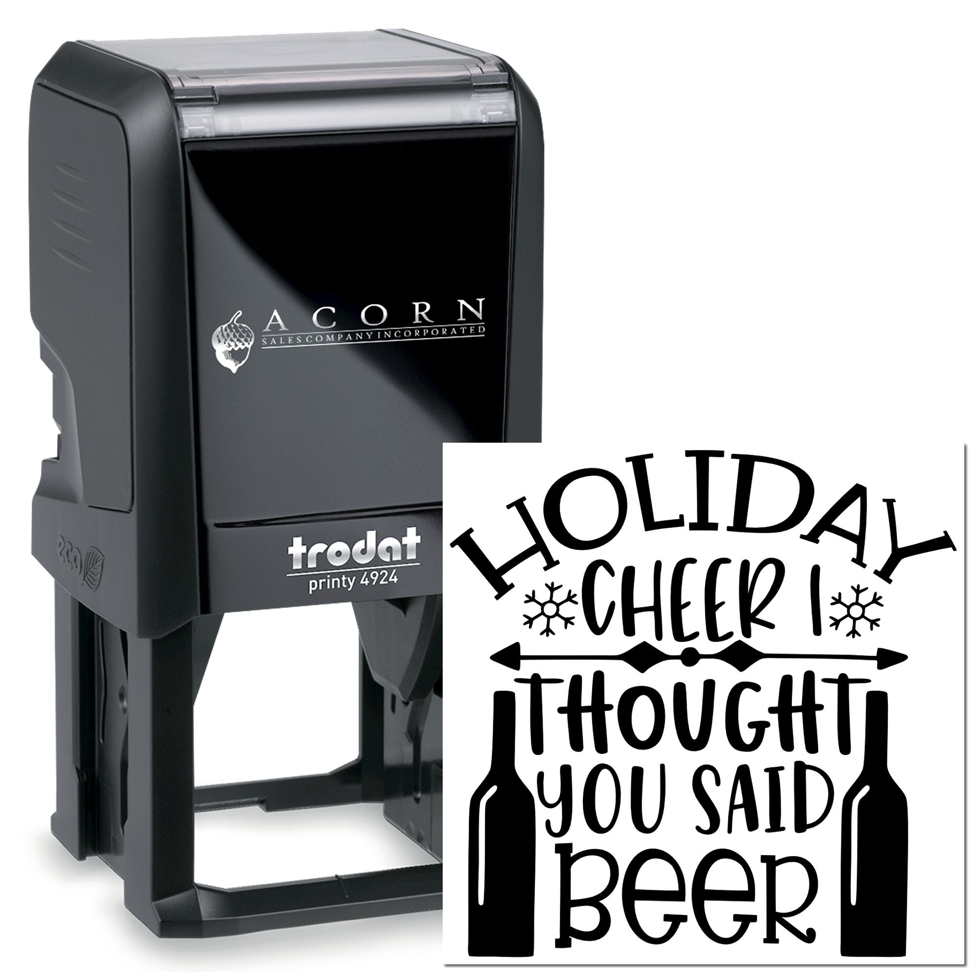 Holiday cheer self-inking rubber stamp with beer quote design for festive cards, labels, and packaging.