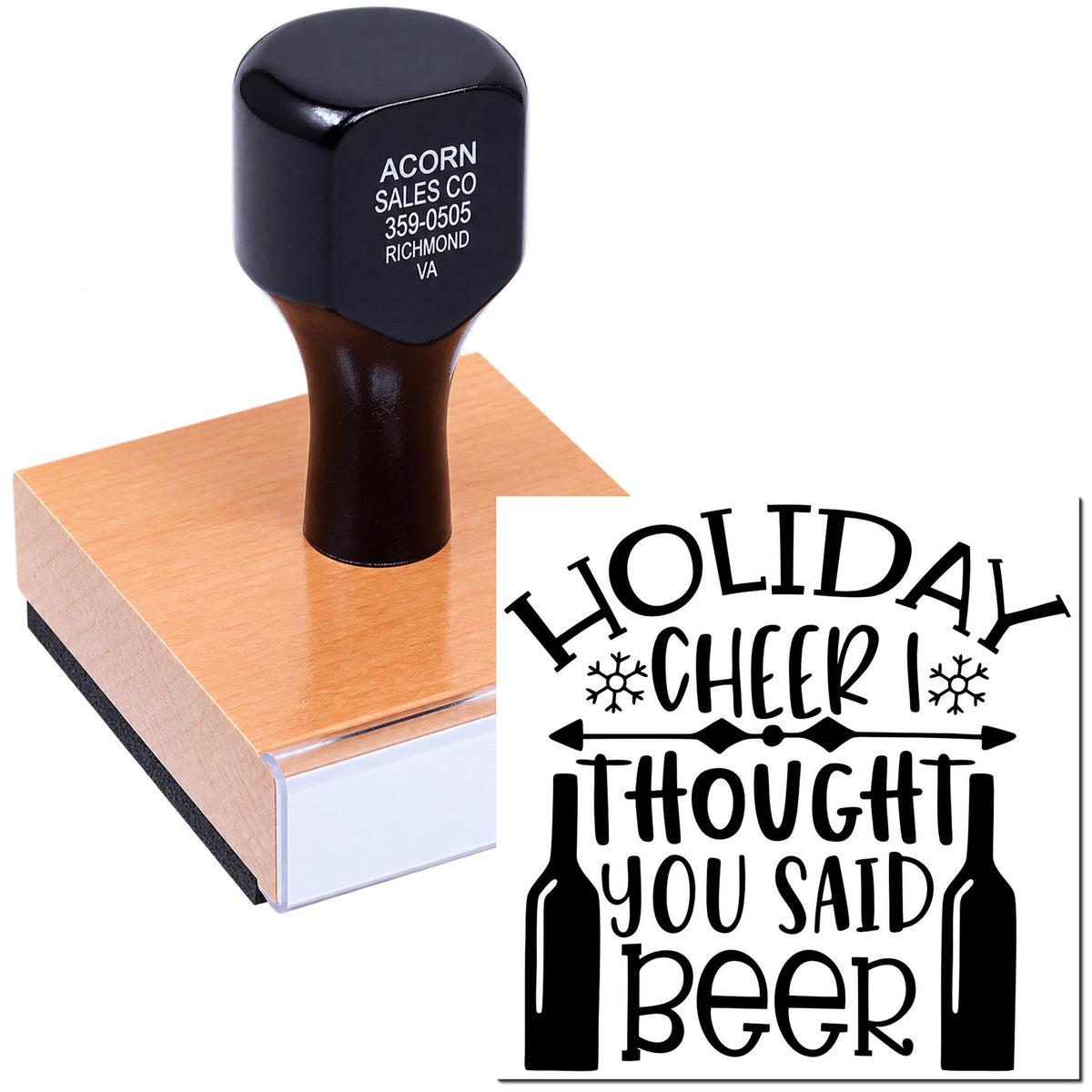 Custom holiday rubber stamp featuring the phrase Holiday cheer, I thought you said beer for funny festive cards and crafts.