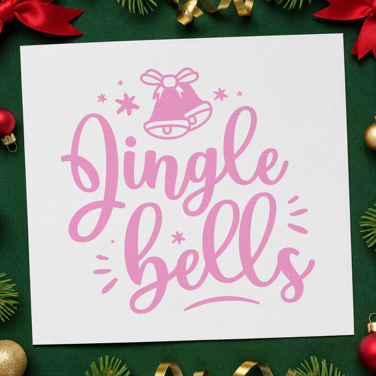 Jingle Bells Bow Bell craft stamp in purple ink on cardstock, an easy option for topper album page.