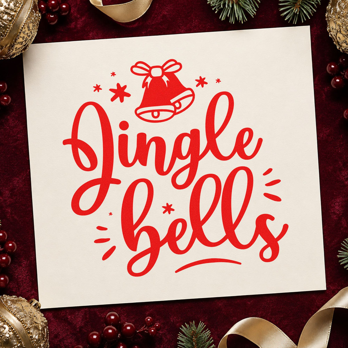 Jingle Bells Bow Bell craft stamp in red ink on cardstock, an easy option for ribbon band printing.
