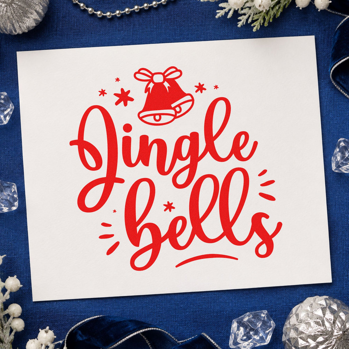 Jingle Bells Bow Bell rubber stamp shown in red ink, stamped for projects such as bead tray labels.