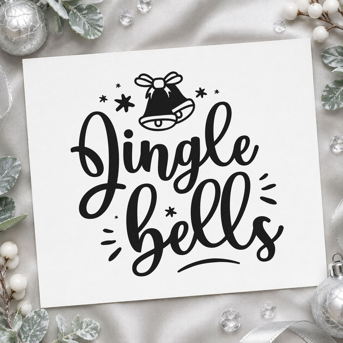 Jingle Bells Bow Bell rubber stamp printed in black ink, ready for bell above rays cards and similar paper crafts.