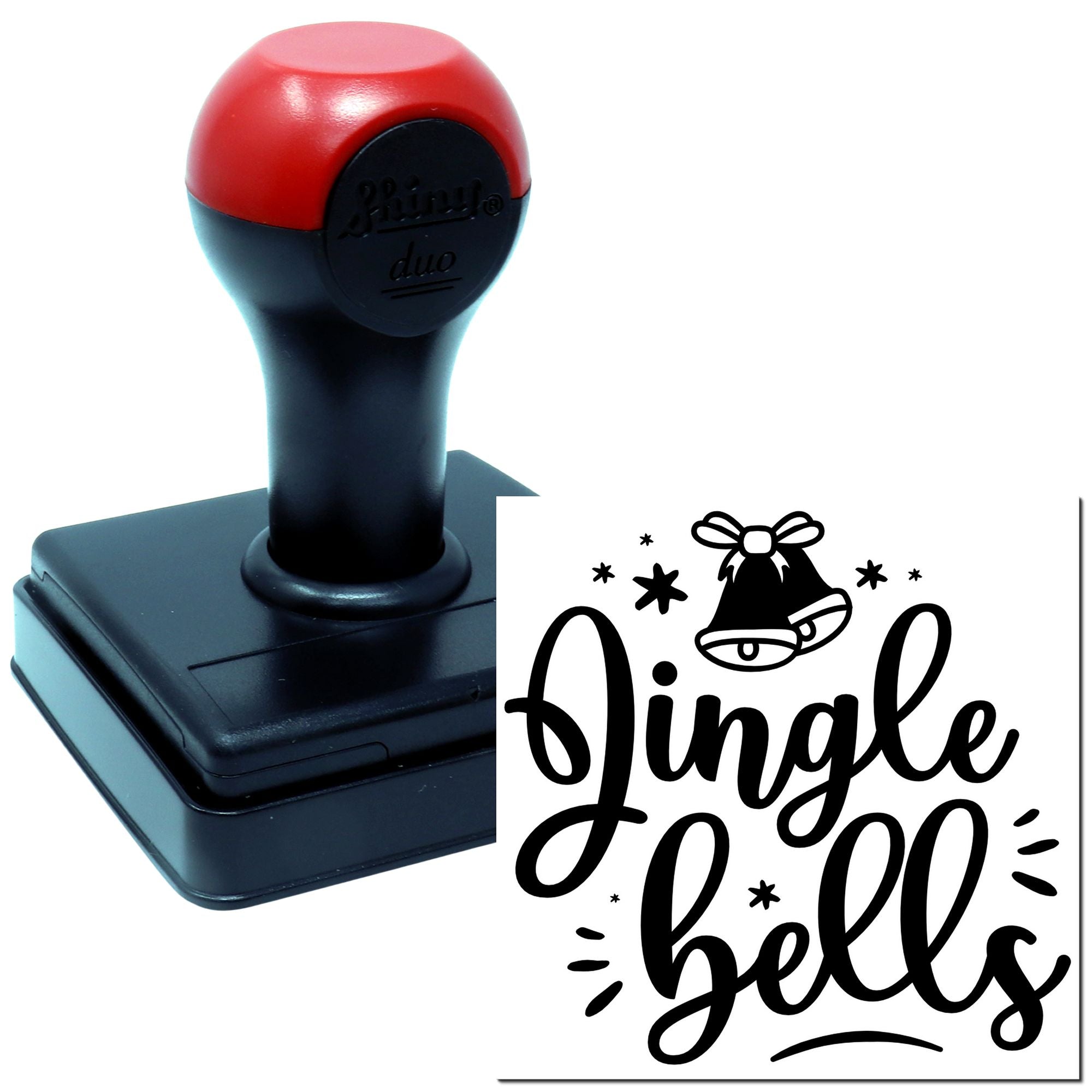 Self-inking rubber stamp with Jingle all the bells Christmas design for festive cards, gift wrap, and holiday crafts.