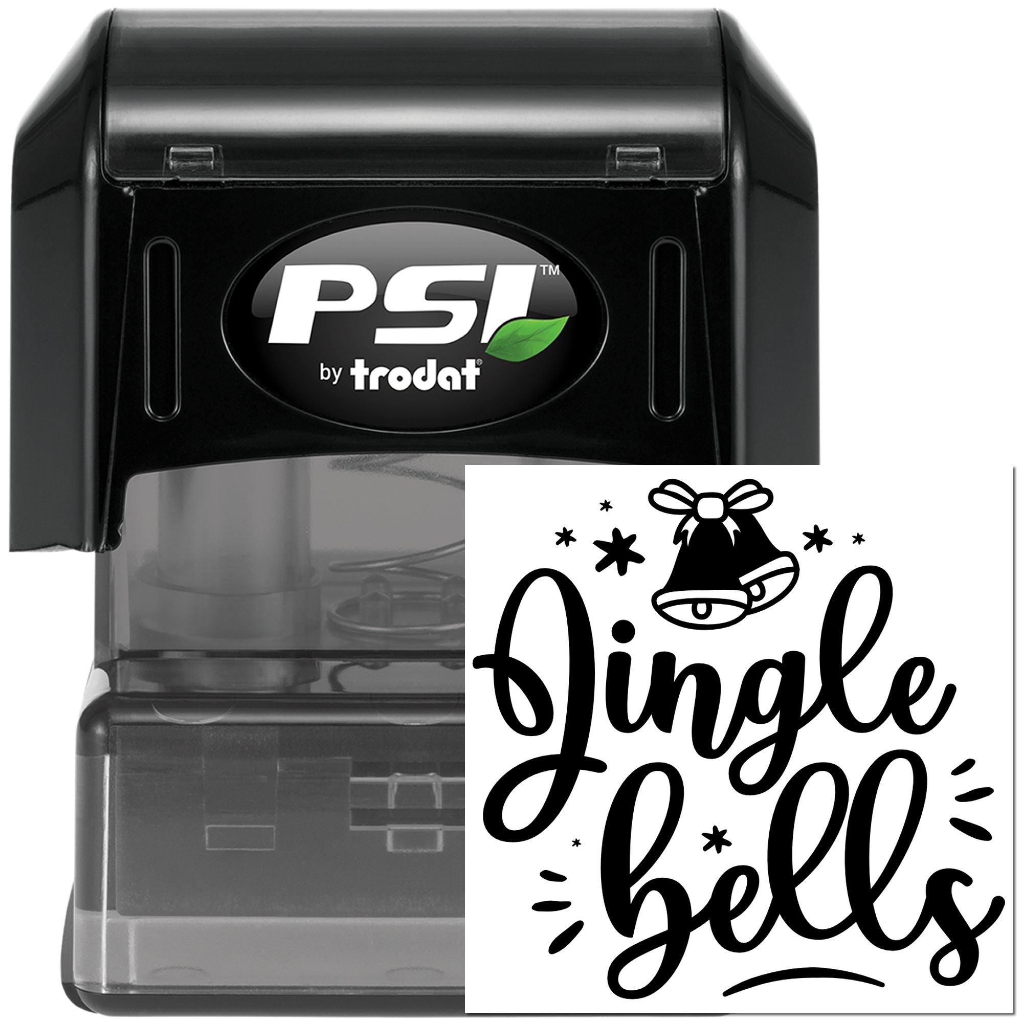 PSI by Trodat self-inking rubber stamp with Jingle Bells holiday design for Christmas cards, gifts, and festive packaging.
