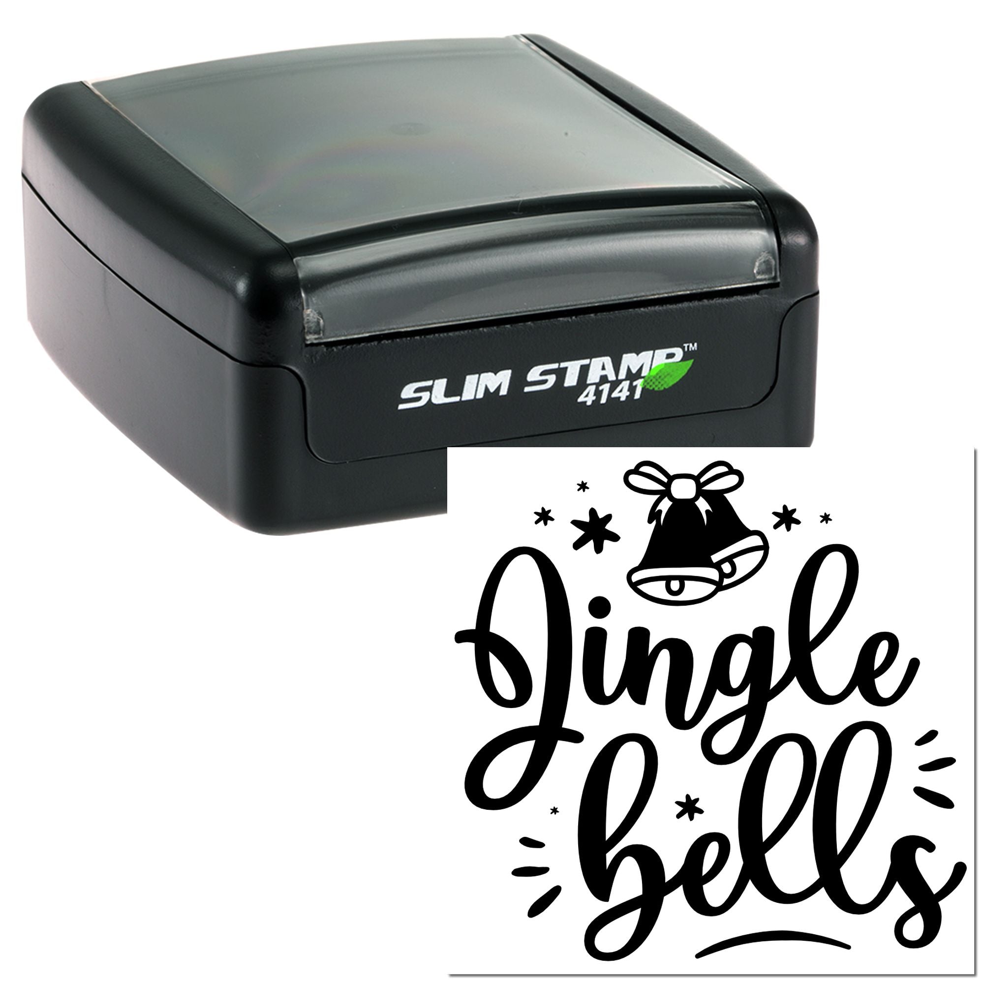 Self-inking Slim Stamp 4141 rubber stamp featuring custom Jingle Bells holiday text and bell graphic.