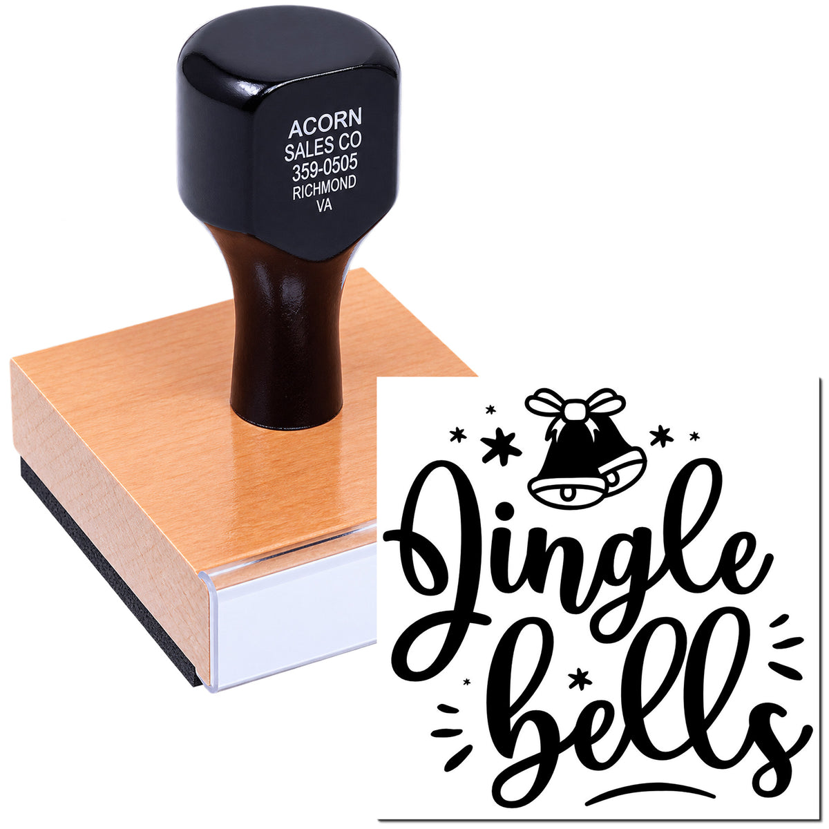 Custom Jingle Bells rubber stamp for holiday cards, featuring festive bell artwork and decorative script.