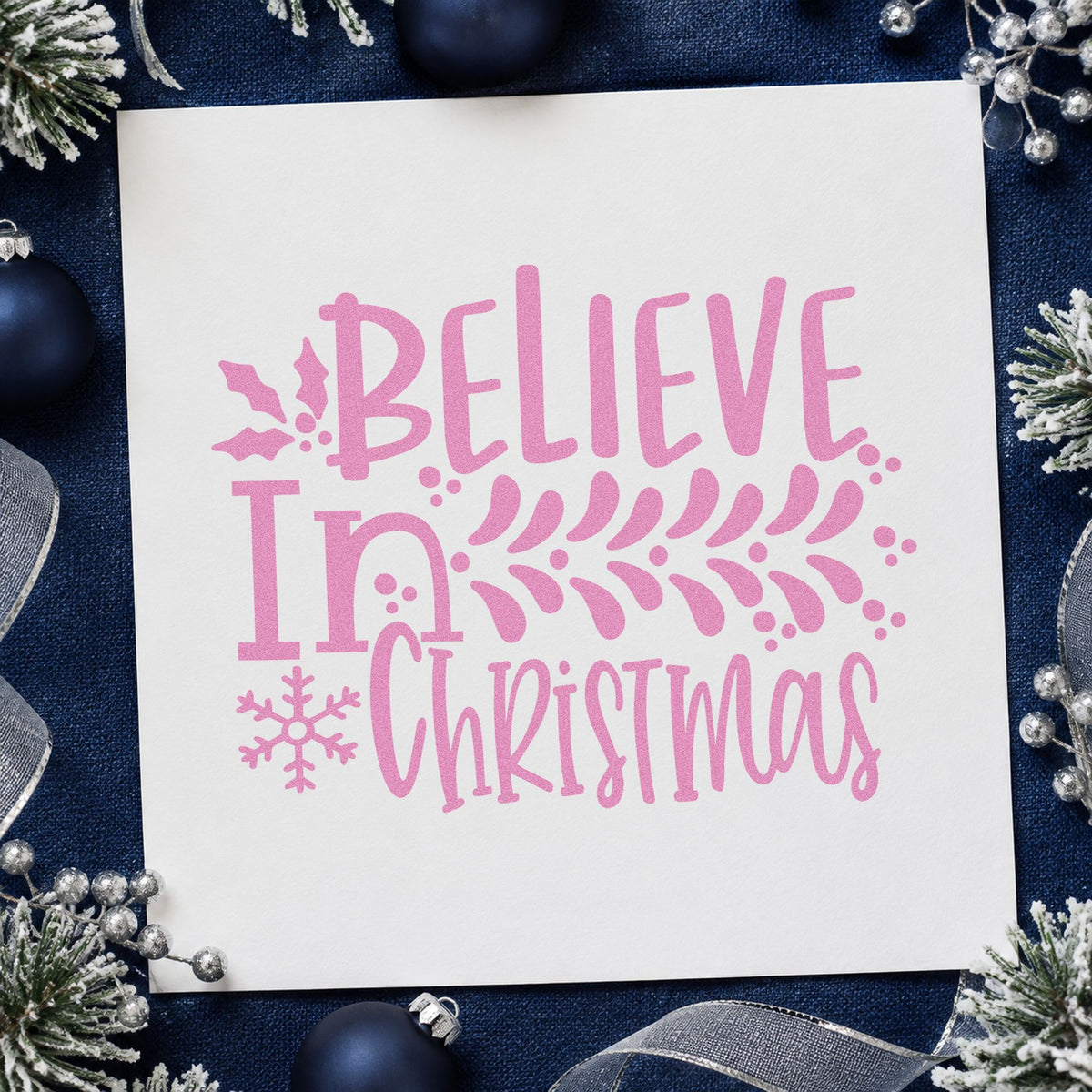 Believe In Christmas Branch Leaf Accents Rubber Stamp – Duo Hand in use 10