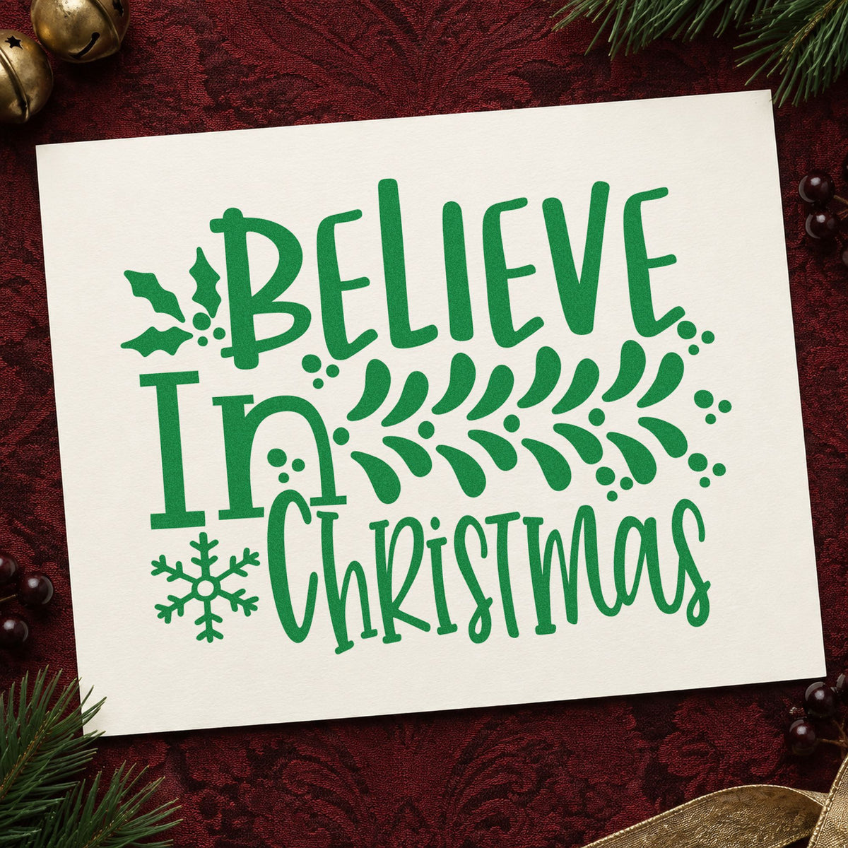 Believe In Christmas Branch Leaf Accents Rubber Stamp – Duo Hand in use 3