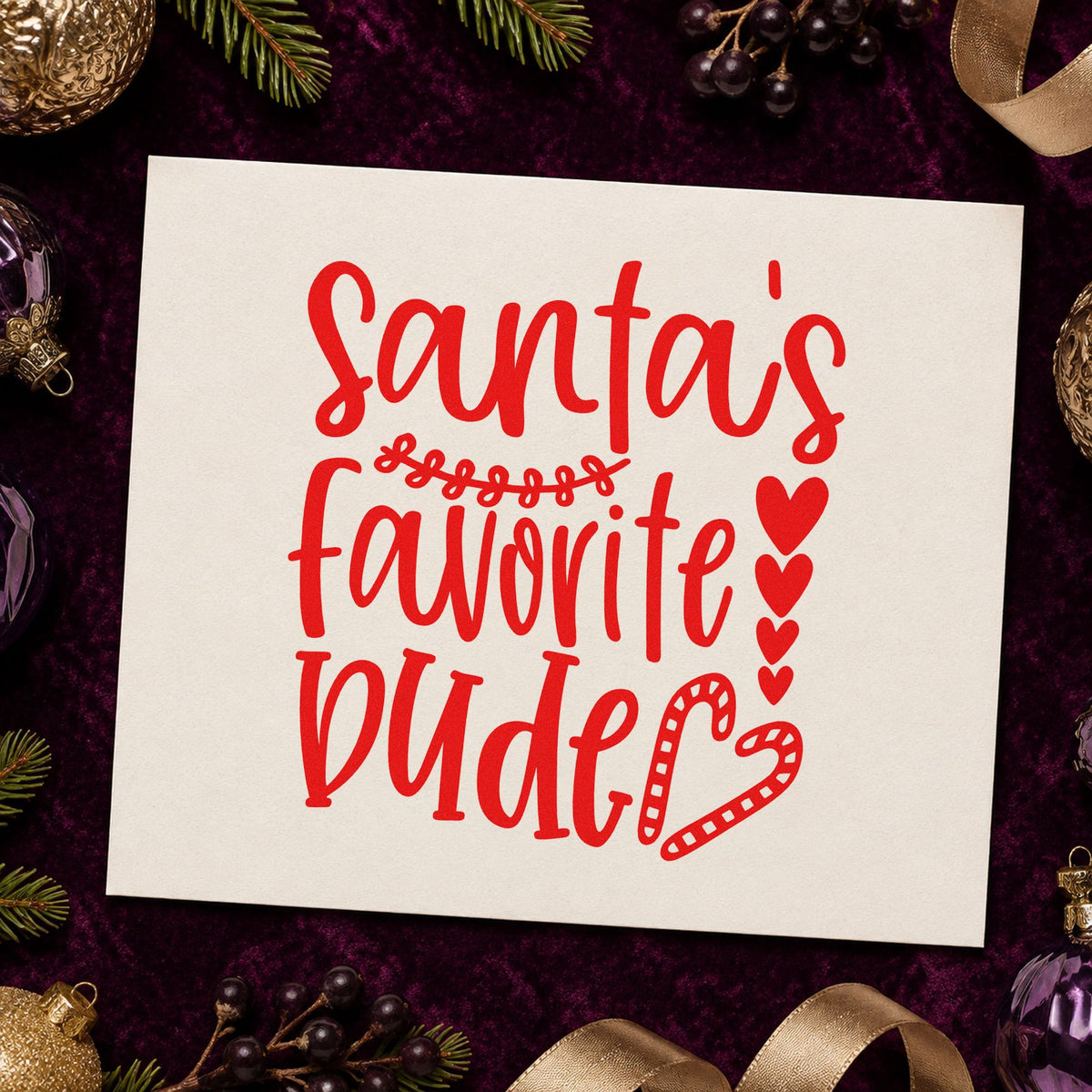 Santa's Favorite Wife Hearts craft stamp in red ink on cardstock, an easy option for robe chest printing.