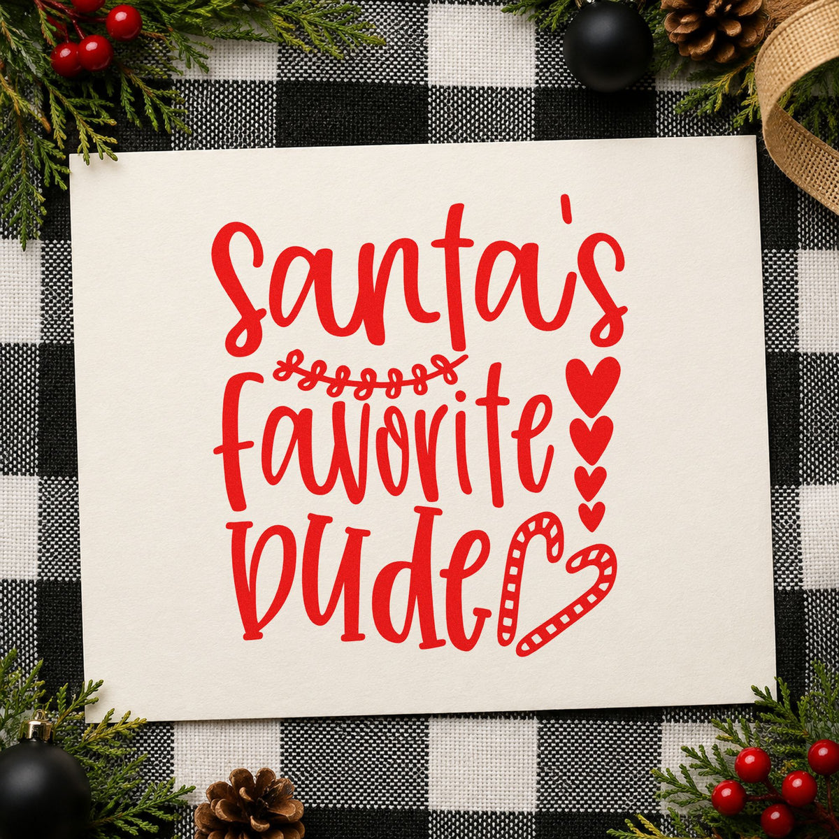 Santa's Favorite Wife Hearts rubber stamp shown in red ink, stamped for projects such as closet shelf labels.