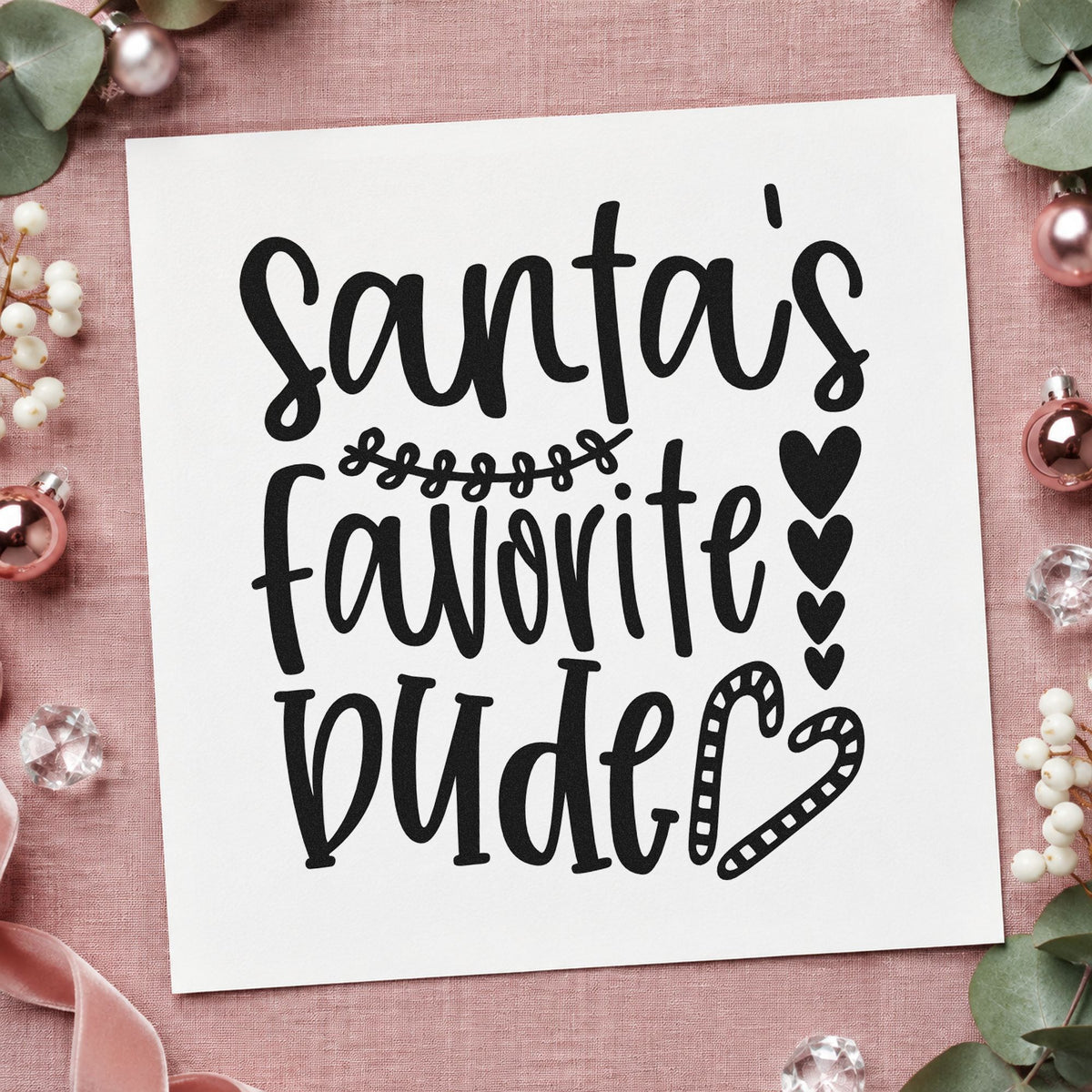 Santa's Favorite Wife Hearts rubber stamp printed in black ink, ready for favorite wife cards and similar paper crafts.