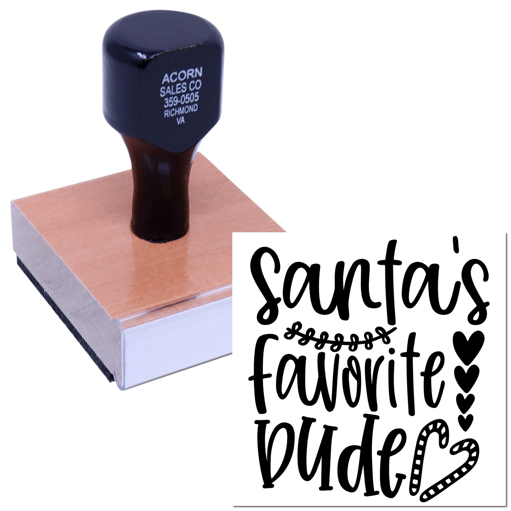Custom rubber stamp featuring Santas Favorite Dude design for holiday cards, gift tags, and festive DIY crafts.