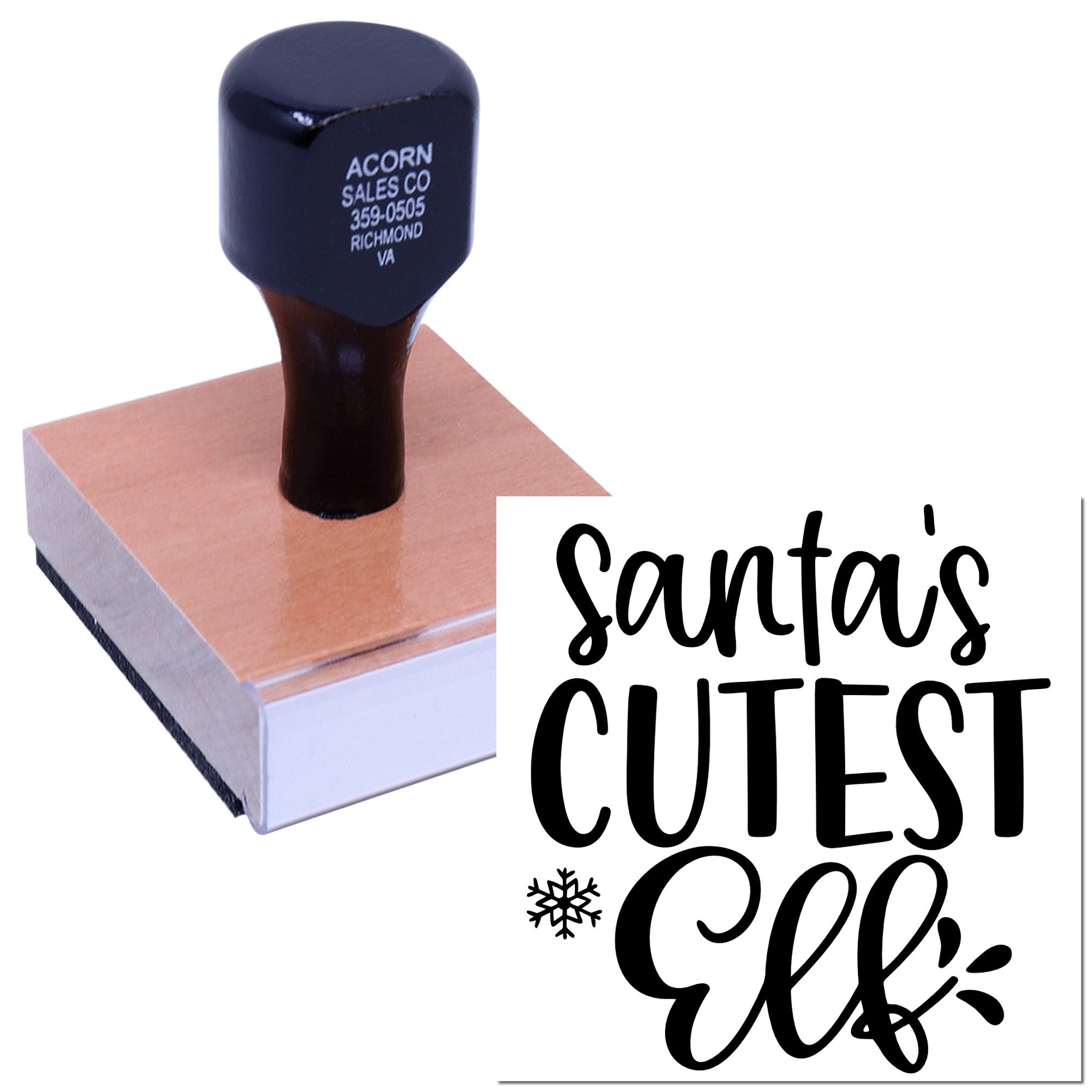 Custom rubber stamp with Santas Cutest Elf design for holiday crafts, gift packaging, and festive branding.